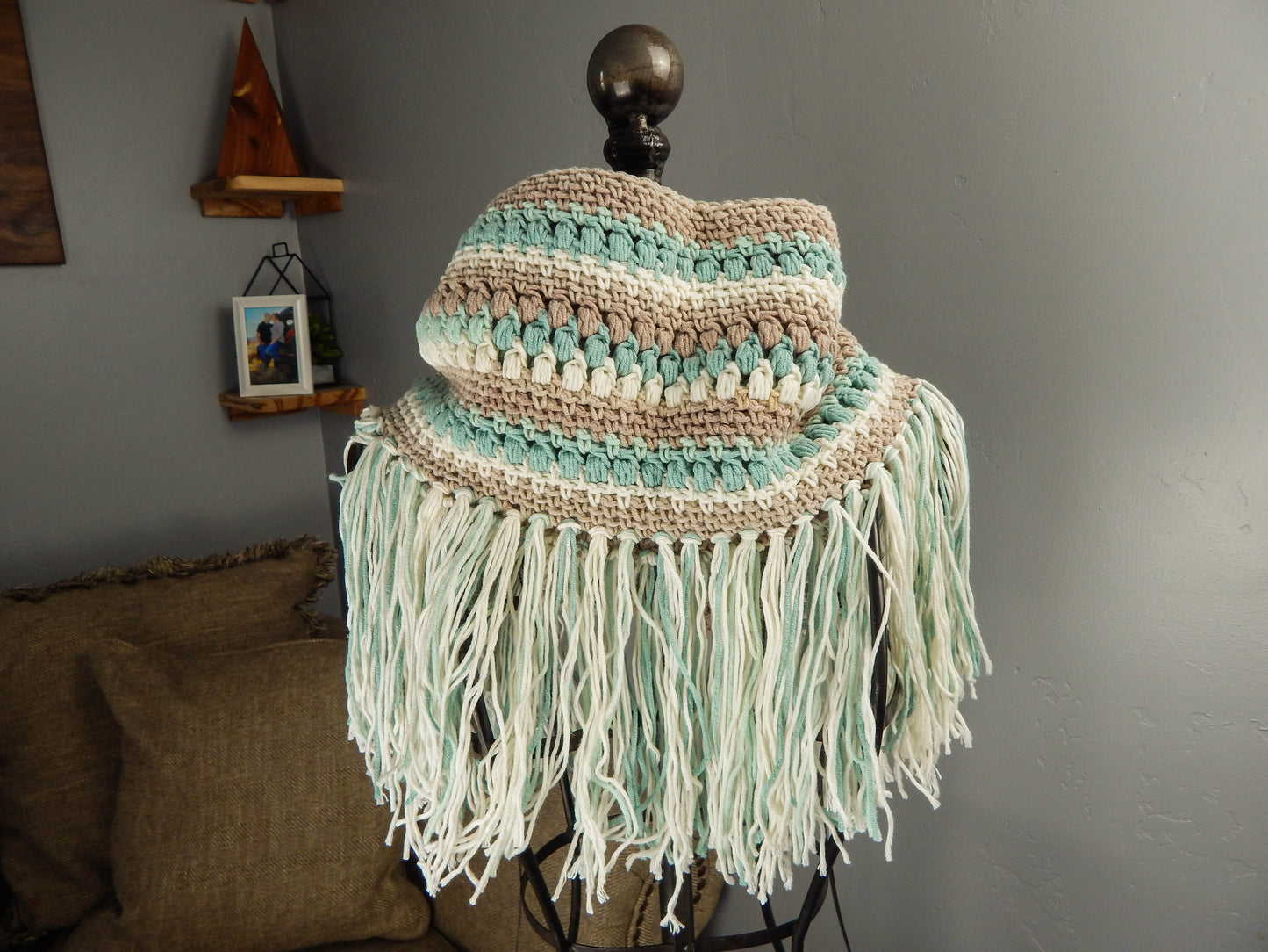 Bobble Scarf with Fringe in Blue/Brown