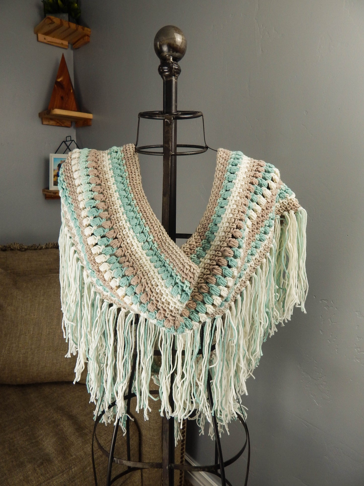 Bobble Scarf with Fringe in Blue/Brown