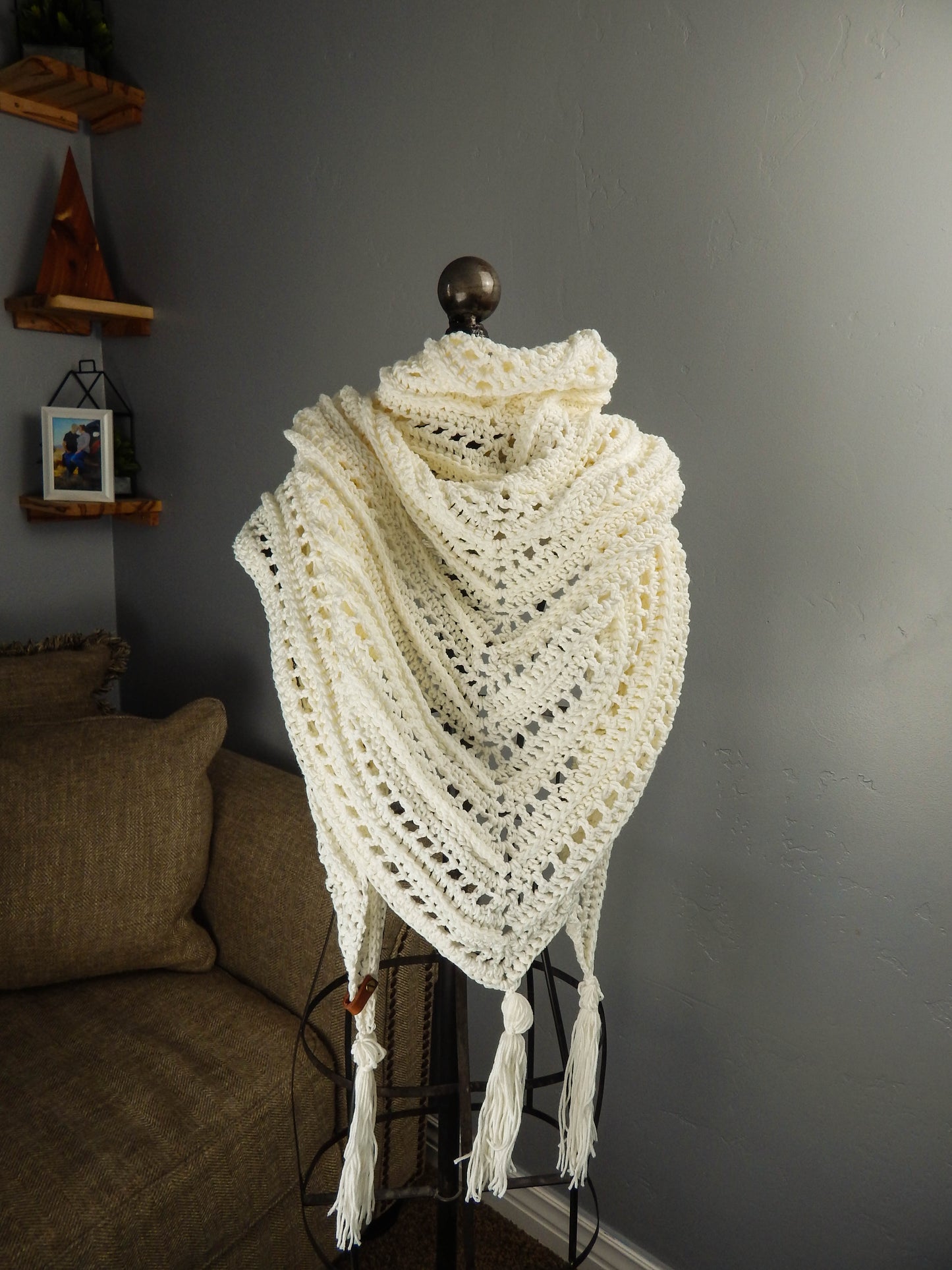 Cotton Blend Tasseled Triangle Shawl